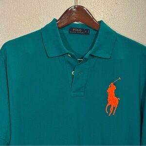 Classic Ralph Lauren Teal Blue Green Polo, Orange Big Pony Logo & Number 3